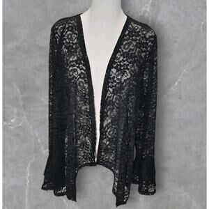Womens Sheer Floral Lace Cardigan Bell Sleeves Black XXL Open Front Whimsigoth